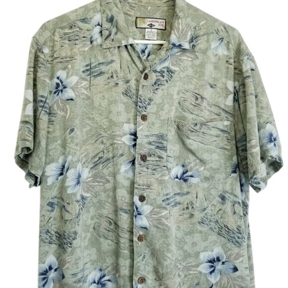 Caribbean Joe Mens Green Hibiscus Floral Short Sleeve‎ Button-Down Shirt S - Picture 5 of 7
